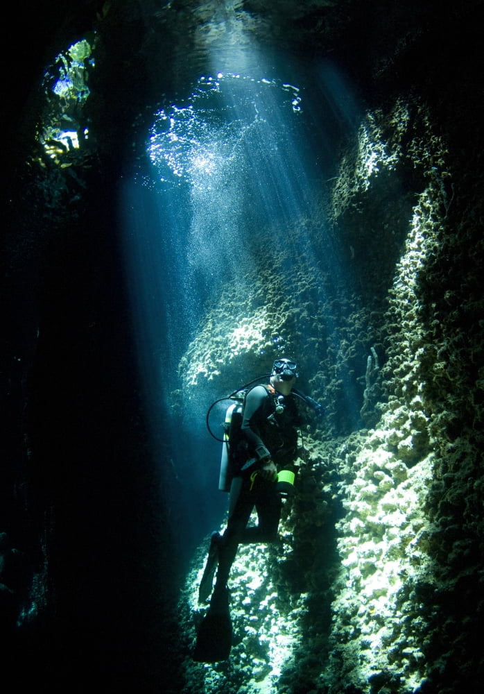 A diver explores the Lerus Cut underwater cavern Solomons Canvas Art - Steve JonesStocktrek Images (12 x 17)