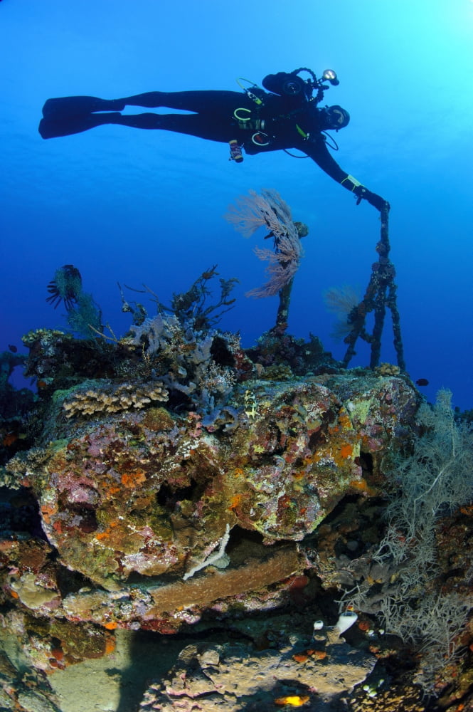 A diver hangs on to a piece of WW2 stern wreckage West Papua Indonesia Canvas Art - Steve JonesStocktrek Images (12 x 18)
