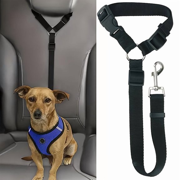 A dog safety belt vest - adjustable vehicle safety restraint belt, equipped with sturdy metal fasteners, and convenient pet car towing strap