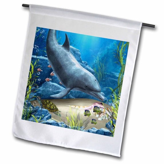 3dRose, A dolphin swims in the ocean with turtle fishes and more, 12 x 18 inch Garden Flag