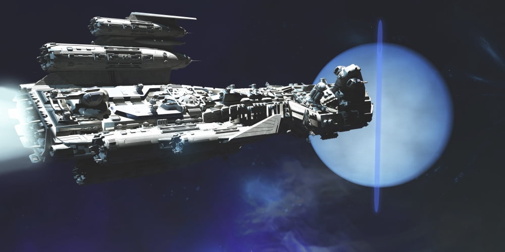 A exploratory spaceship from Earth comes to investigate the planet of Neptune Canvas Art - Corey FordStocktrek Images (20 x 10)