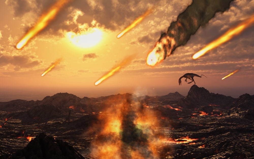 A falling asteroid and meteorites mark the end of the dinsoaurs rule of the Earth Canvas Art - Mark StevensonStocktrek Images (18 x 12)