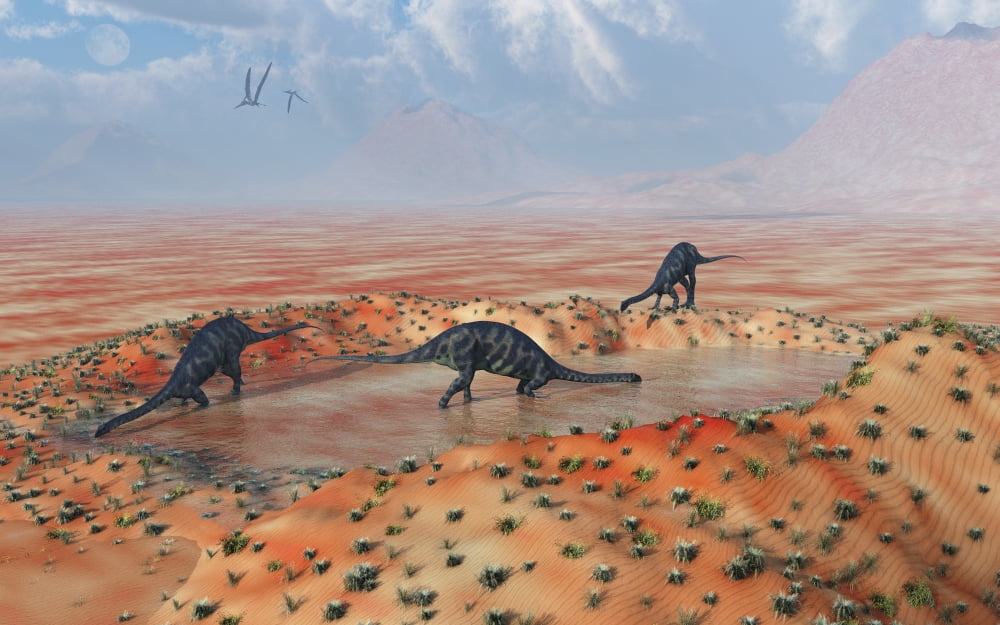 A family of Massospondylus at a watering hole Canvas Art - Mark StevensonStocktrek Images (36 x 23)