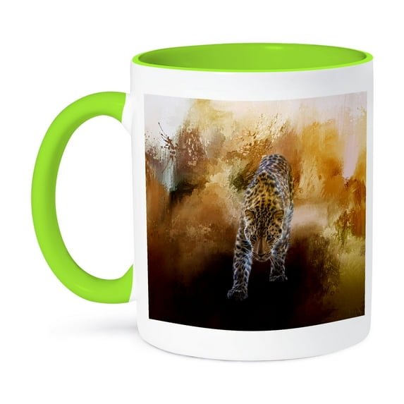 3dRose, A fantastic painted russian amur leopard with a brown background, 11oz Two-Tone Green Mug