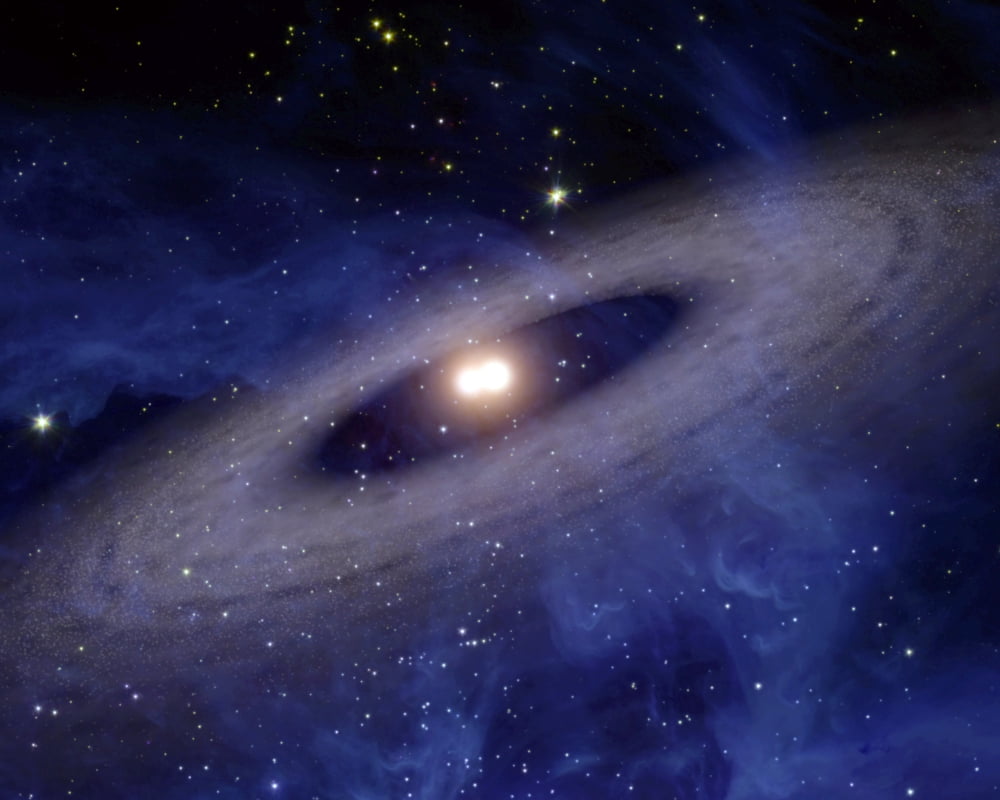 A faraway solar system where planets and asteroids circle around two suns Canvas Art - Stocktrek Images (31 x 25)