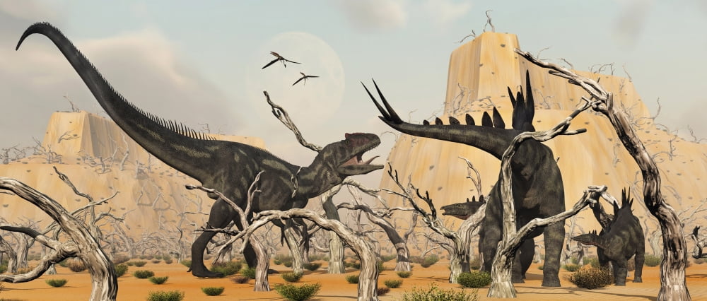 A female Stegosaurus protects her infant from an Allosaurus Canvas Art - Mark StevensonStocktrek Images (22 x 10)