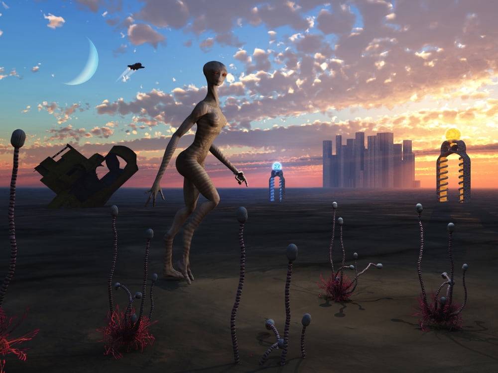 A female reptoid being takes an evening stroll on her native homeworld Canvas Art - Mark StevensonStocktrek Images (33 x 25)