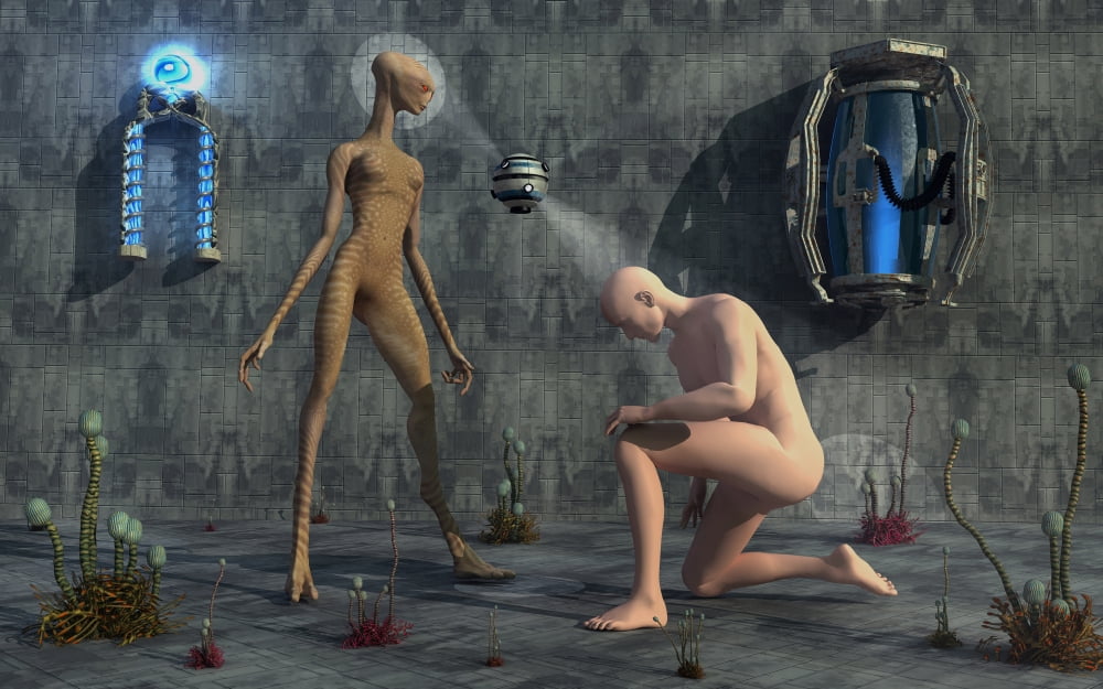 A female reptoid standing over a male humanoid Canvas Art - Mark StevensonStocktrek Images (18 x 12)