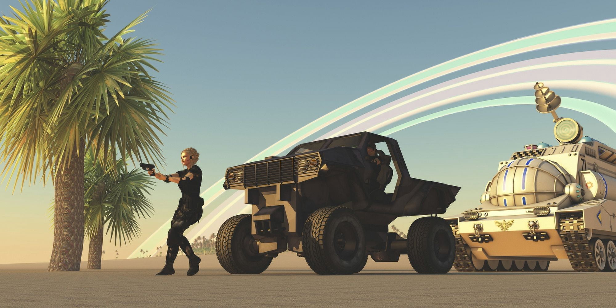 A female soldier draws her gun on a distant planet Canvas Art - Corey FordStocktrek Images (20 x 10)