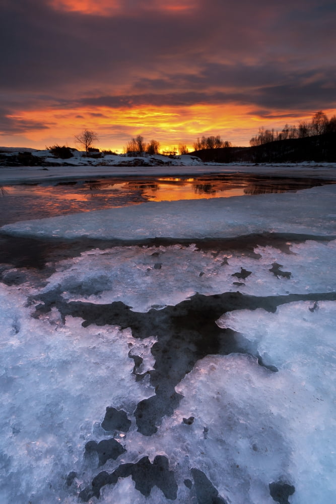 A fiery sunrise over Lavangsfjord Troms Norway Canvas Art - Arild HeitmannStocktrek Images (23 x 34)