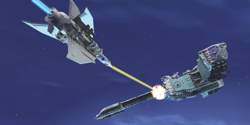 A fighter spacecraft blasts a large enemy battleship with a laser beam Canvas Art - Corey FordStocktrek Images (20 x 10)