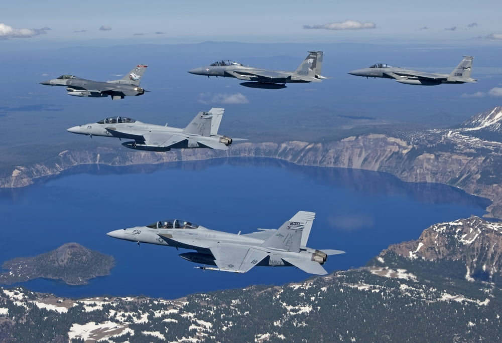 A five ship aircraft formation flies over Crater Lake Oregon Canvas Art - HIGH-G ProductionsStocktrek Images (18 x 12)