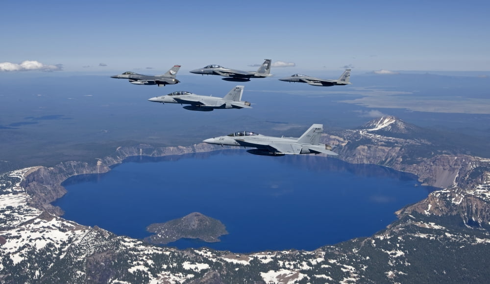 A five ship aircraft formation flies over Crater Lake Oregon Canvas Art - HIGH-G ProductionsStocktrek Images (19 x 11)