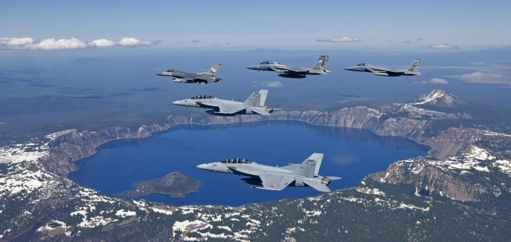 A five ship aircraft formation flies over Crater Lake Oregon Canvas Art - HIGH-G ProductionsStocktrek Images (20 x 10)