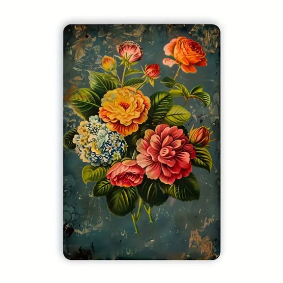 A flat decorative metal plaque with a vintage floral design, perfect for decorating homes, bars, garages, clubs, restaurants, and cafes.