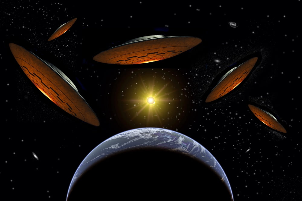 A fleet of flying saucers arriving at Earth in preparation of an attack against humanity Canvas Art - Mark StevensonStocktrek Images (35 x 24)