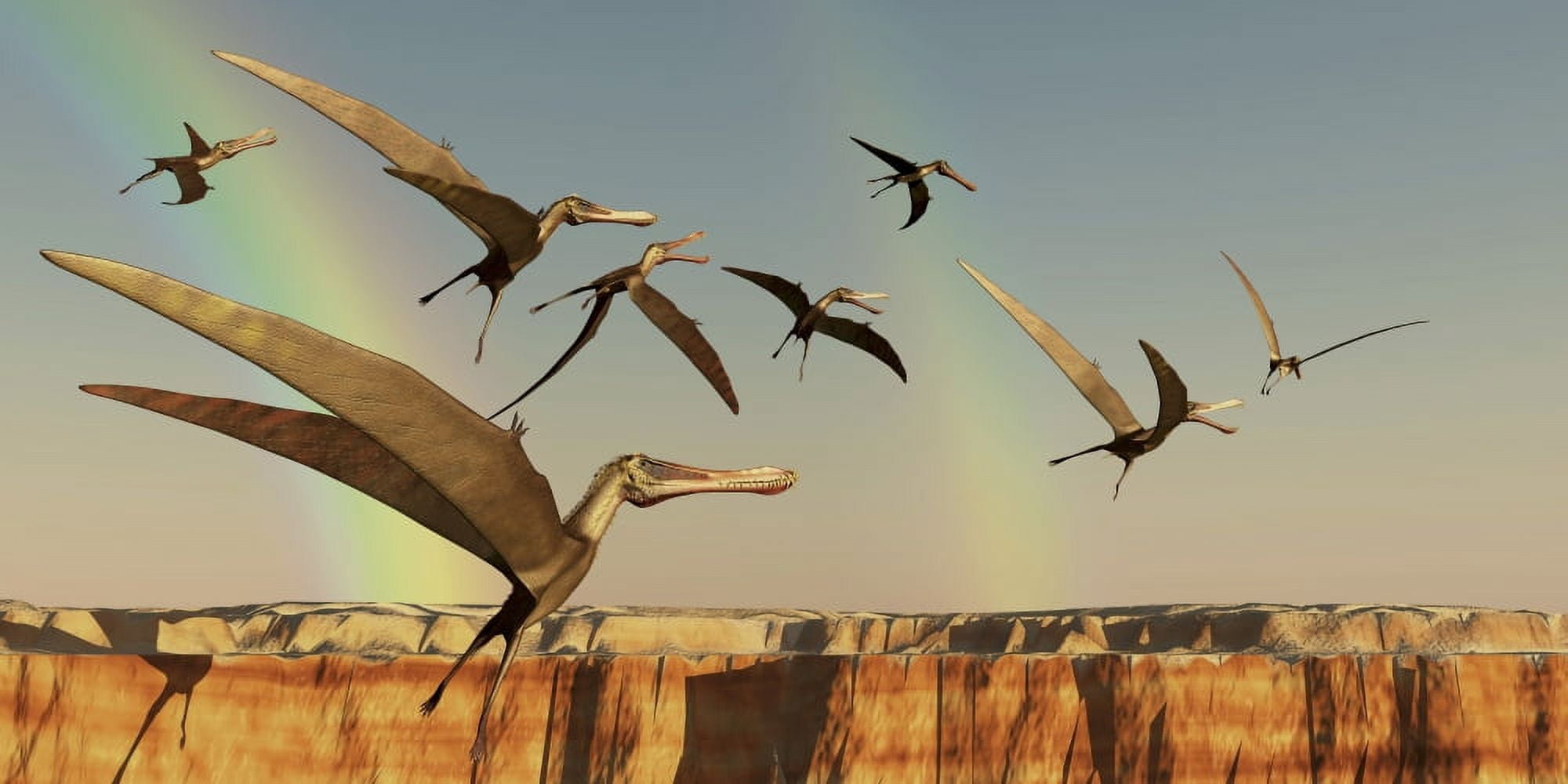 A flock of Pterodactyls fly out of a canyon Canvas Art - Corey FordStocktrek Images (20 x 10)