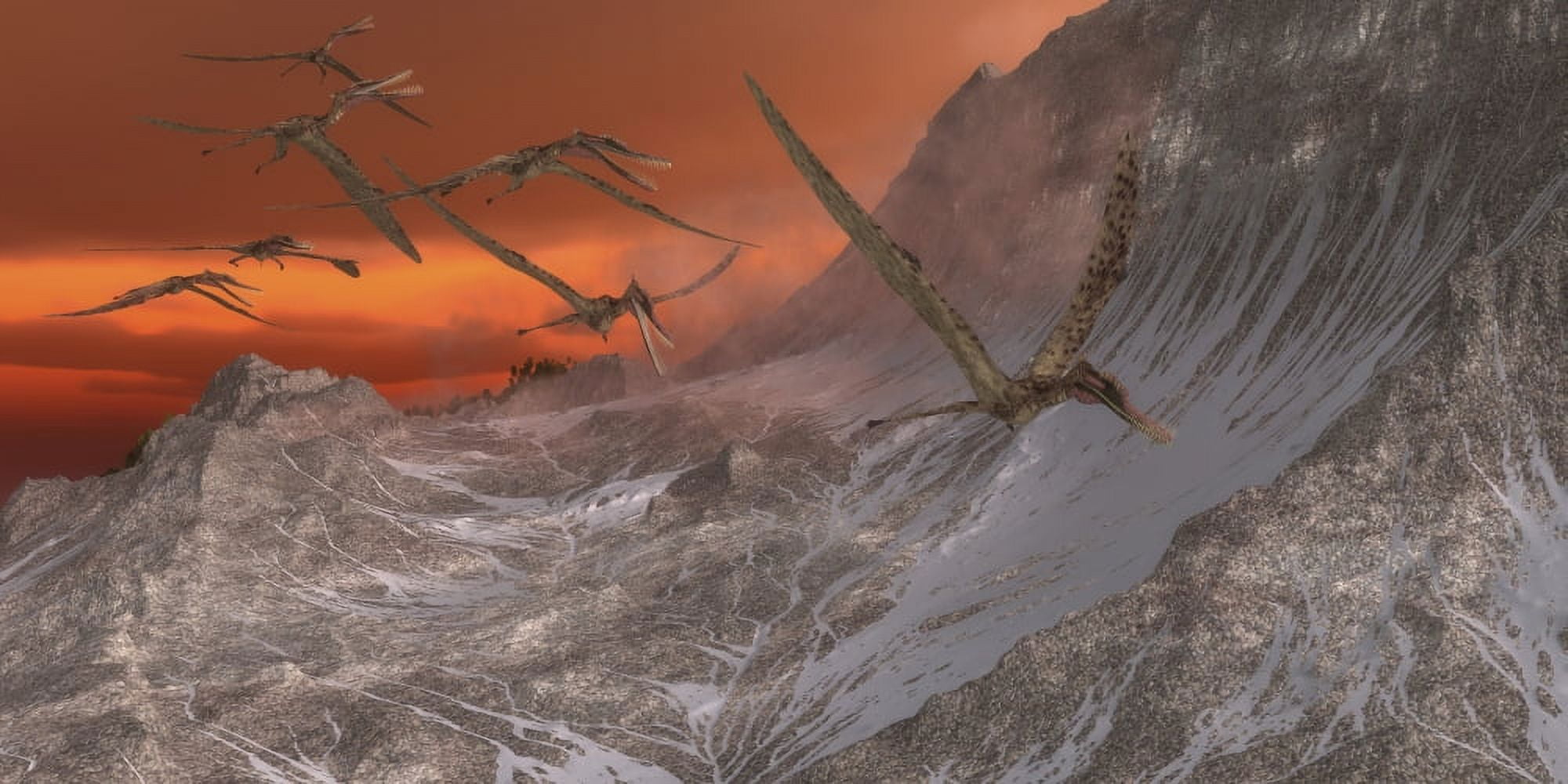 A flock of Zhenyuanopterus flying past the mountainside Canvas Art - Corey FordStocktrek Images (20 x 10)