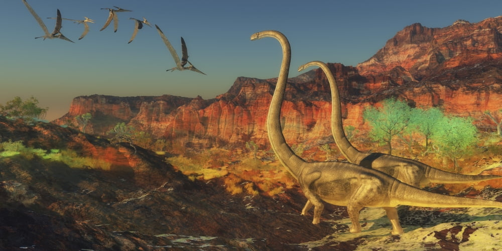 A flock of pterosaurs fly past two Omeisaurus dinosaurs Canvas Art - Corey FordStocktrek Images (40 x 20)