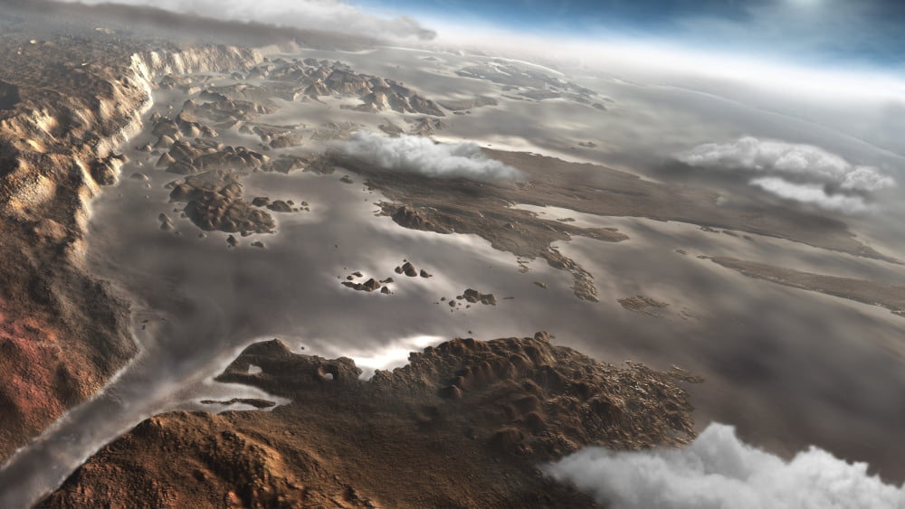 A flooded Aram Chaos region on the planet Mars Canvas Art - Steven HobbsStocktrek Images (38 x 22)