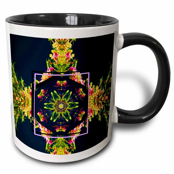 A floral abstract design on navy blue with yellow and green 15oz Two-Tone Black Mug mug-263294-9