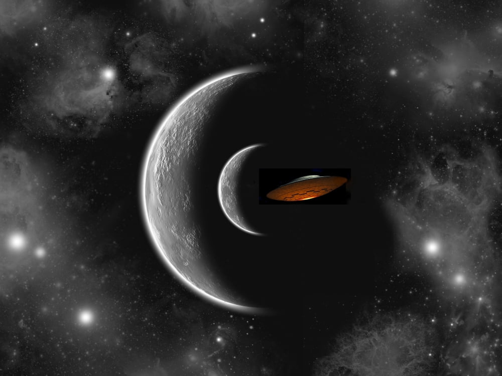 A flying saucer flying away from its homeworld Canvas Art - Mark StevensonStocktrek Images (33 x 25)