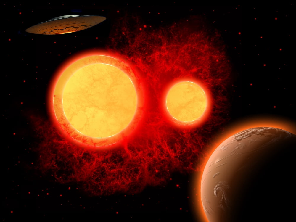 A flying saucer flying through a binary star system Canvas Art - Mark StevensonStocktrek Images (33 x 25)