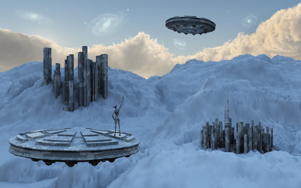 A flying saucer returns to its home base high up in the mountains Canvas Art - Mark StevensonStocktrek Images (36 x 23)