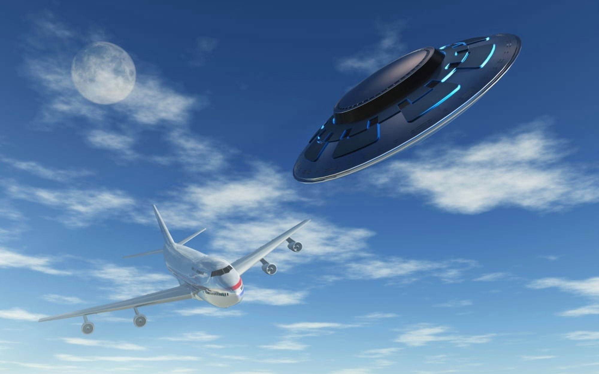 A flying suacer buzzing a Boeing 747 commercial airliner Canvas Art - Mark StevensonStocktrek Images (18 x 12)