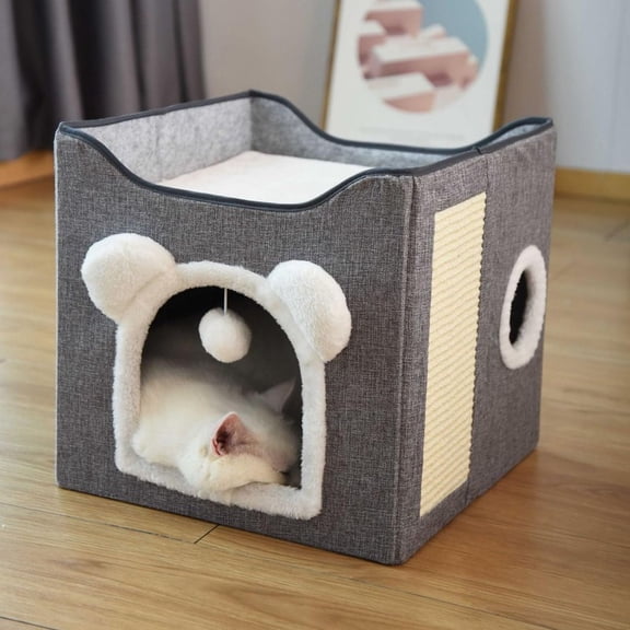 A fold-out bunk cat bed with 2 cat-teasing balls, Four Seasons all-purpose enclosed cat litter Villa, foldable cat litter sofa, non-slip bottom, grey