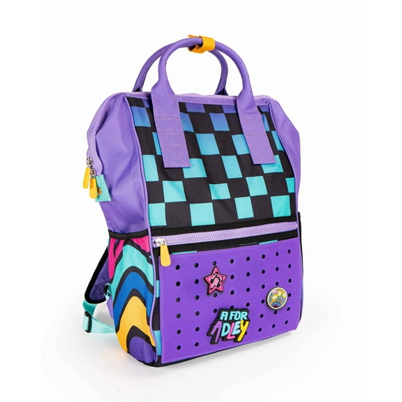 A for Adley's Awesome Customizable Backpack, With Retro Checkered Design and 3 Custom Shoe Charm Pop-ins For Decorating
