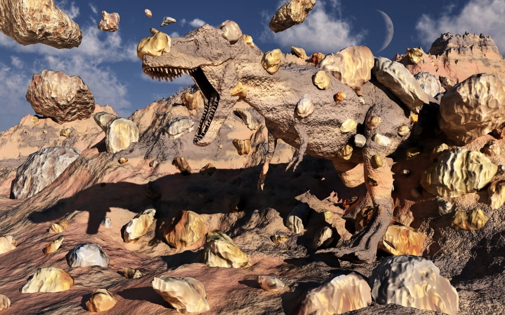 A fossilized T Rex bursts to life as it escapes from captivity Canvas Art - Mark StevensonStocktrek Images (18 x 12)
