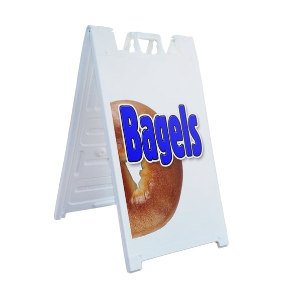 A-frame Sidewalk Bagels 1 24" x 36" Double Sided A-Frame Sidewalk Sign, Includes 2 Installed Vinyl Decals | Foldable Portable White Signicade Sandwich Board Signs