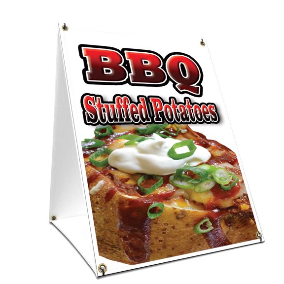 A-frame Sidewalk Barbecue Stuffed Potatoes Sign With Graphics On Each Side | 18" X 24" Print Size