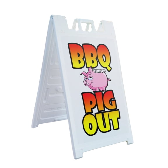A-frame Sidewalk Bbq Time To Pig Out 24" x 36" Double Sided A-Frame Sidewalk Sign, Includes 2 Installed Vinyl Decals | Foldable Portable White Signicade Sandwich Board Signs