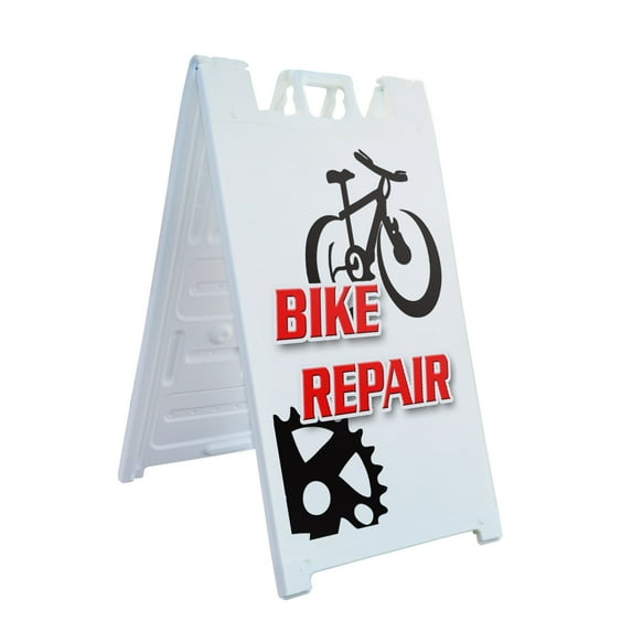 A-frame Sidewalk Bike Shop 24" x 36" Double Sided A-Frame Sidewalk Sign, Includes 2 Installed Vinyl Decals | Foldable Portable White Signicade Sandwich Board Signs
