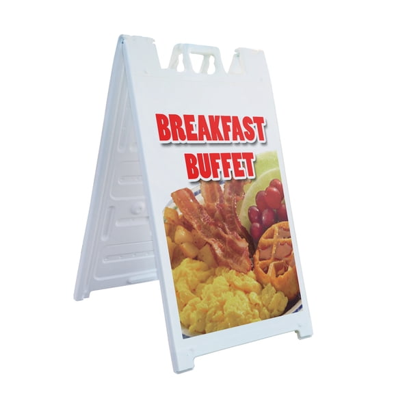 A-frame Sidewalk Breakfast Buffet 24" x 36" Double Sided A-Frame Sidewalk Sign, Includes 2 Plastic Inserts | Foldable Portable White Signicade Sandwich Board Signs