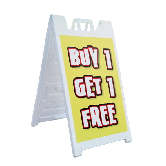 A-frame Sidewalk Buy 1 Get 1 Free 24" x 36" Double Sided A-Frame Sidewalk Sign, Includes 2 Installed Vinyl Decals | Foldable Portable White Signicade Sandwich Board Signs
