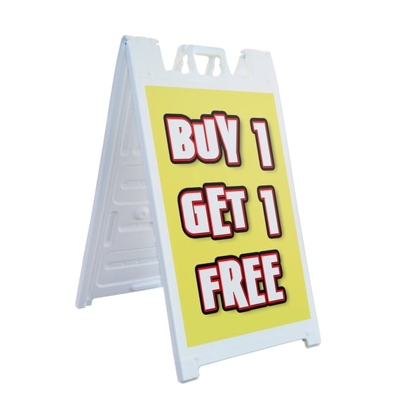 A-frame Sidewalk Buy 1 Get 1 Free 24" x 36" Double Sided A-Frame Sidewalk Sign, Includes 2 Installed Vinyl Decals | Foldable Portable White Signicade Sandwich Board Signs