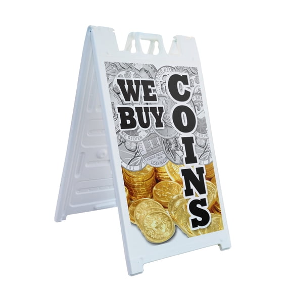 A-frame Sidewalk We Buy Coins Vertical 24" x 36" Double Sided A-Frame Sidewalk Sign, Includes 2 Plastic Inserts | Foldable Portable White Signicade Sandwich Board Signs