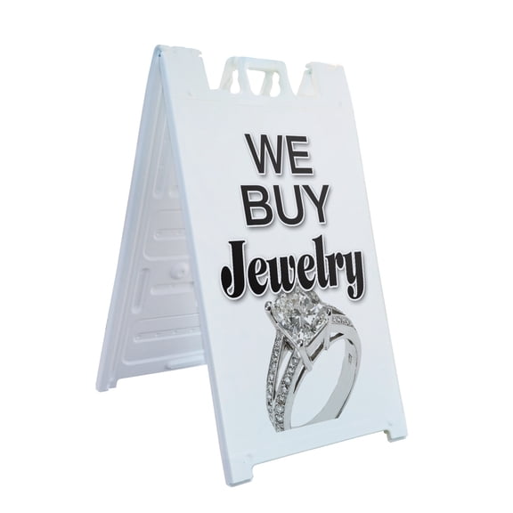 A-frame Sidewalk We Buy Jewelry 24" x 36" Double Sided A-Frame Sidewalk Sign, Includes 2 Plastic Inserts | Foldable Portable White Signicade Sandwich Board Signs