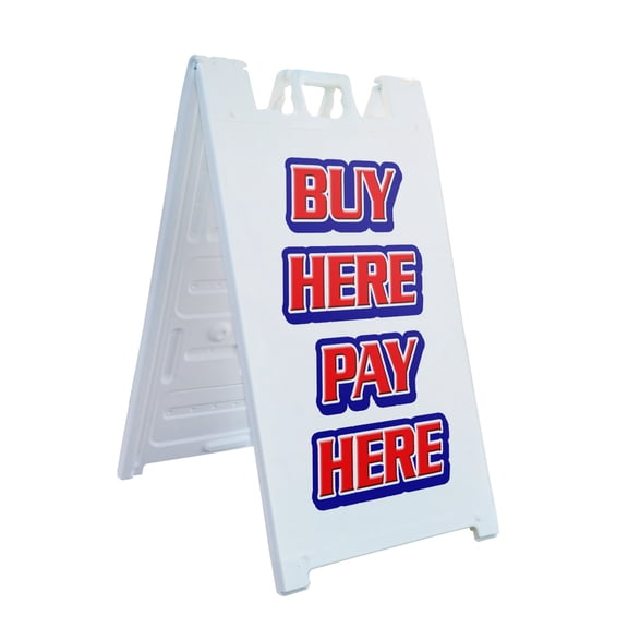 A-frame Sidewalk Buy Here Pay Here 24" x 36" Double Sided A-Frame Sidewalk Sign, Includes 2 Plastic Inserts | Foldable Portable White Signicade Sandwich Board Signs