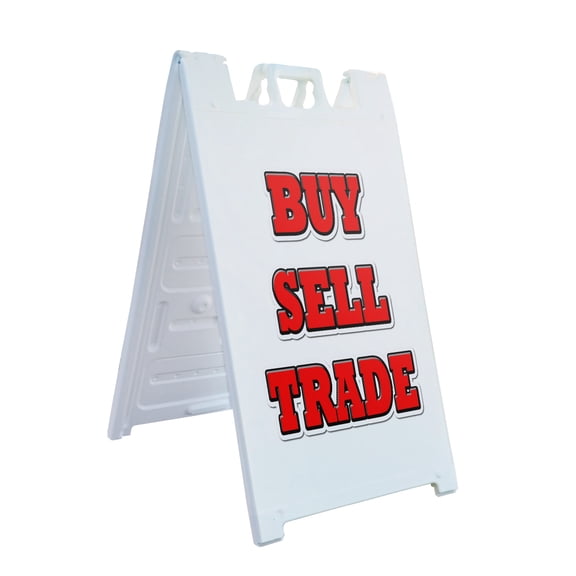 A-frame Sidewalk Buy Sell Trade 24" x 36" Double Sided A-Frame Sidewalk Sign, Includes 2 Installed Vinyl Decals | Foldable Portable White Signicade Sandwich Board Signs