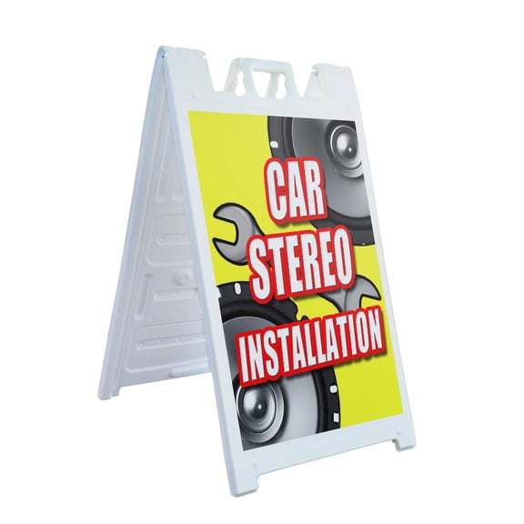 A-frame Sidewalk Car Stereo Installation 24" x 36" Double Sided A-Frame Sidewalk Sign, Includes 2 Plastic Inserts | Foldable Portable White Signicade Sandwich Board Signs