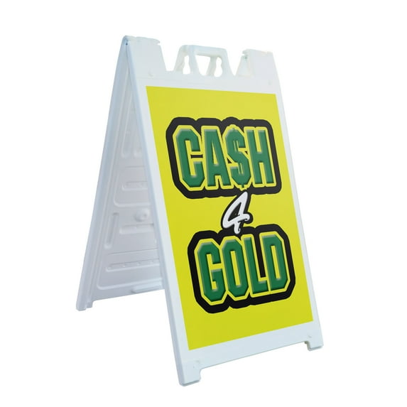 A-frame Sidewalk Cash For Gold 24" x 36" Double Sided A-Frame Sidewalk Sign, Includes 2 Installed Vinyl Decals | Foldable Portable White Signicade Sandwich Board Signs