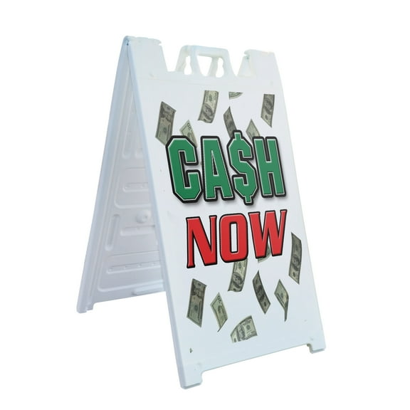 A-frame Sidewalk Cash Now 24" x 36" Double Sided A-Frame Sidewalk Sign, Includes 2 Plastic Inserts | Foldable Portable White Signicade Sandwich Board Signs