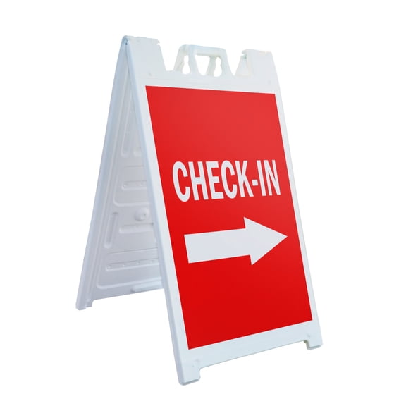 A-frame Sidewalk Check-in With Arrow 24" x 36" Double Sided A-Frame Sidewalk Sign, Includes 2 Installed Vinyl Decals | Foldable Portable White Signicade Sandwich Board Signs