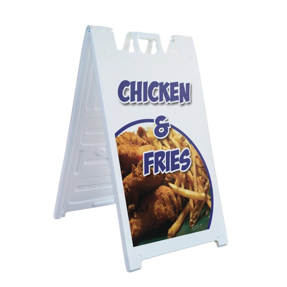 A-frame Sidewalk Chicken & Fries 24" x 36" Double Sided A-Frame Sidewalk Sign, Includes 2 Plastic Inserts | Foldable Portable White Signicade Sandwich Board Signs