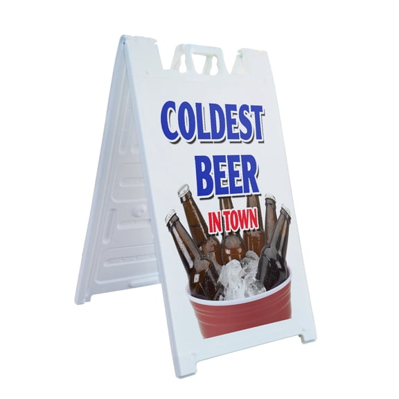 A-frame Sidewalk Coldest Beer In Town 24" x 36" Double Sided A-Frame Sidewalk Sign, Includes 2 Plastic Inserts | Foldable Portable White Signicade Sandwich Board Signs