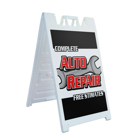A-frame Sidewalk Complete Auto Repair Free Estimates 24" x 36" Double Sided A-Frame Sidewalk Sign, Includes 2 Installed Vinyl Decals | Foldable Portable White Signicade Sandwich Board Signs